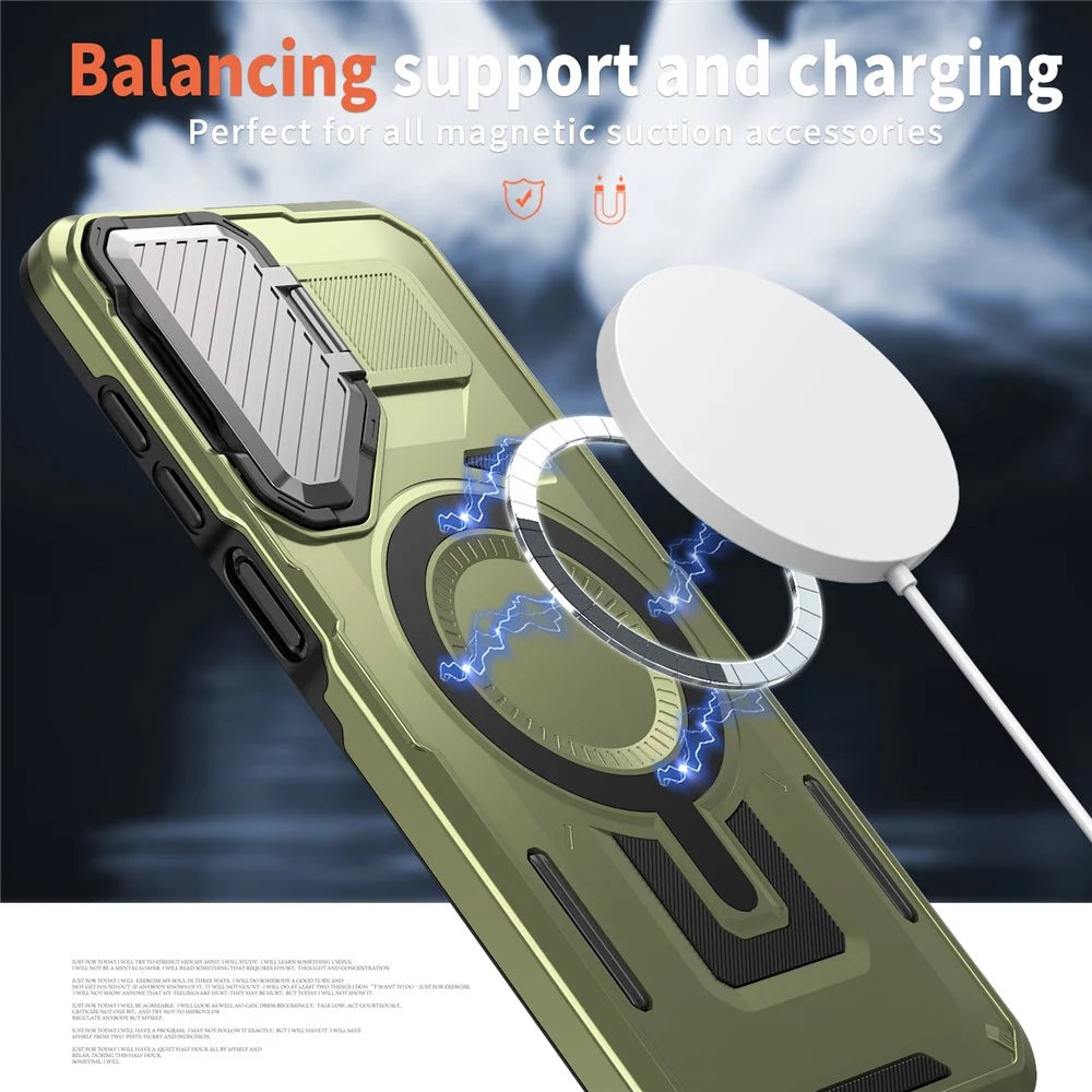 For Samsung Galaxy A16 4G / 5G Magnetic Case Lens Lid Kickstand PC+TPU Back Cover - Olive Green - 3