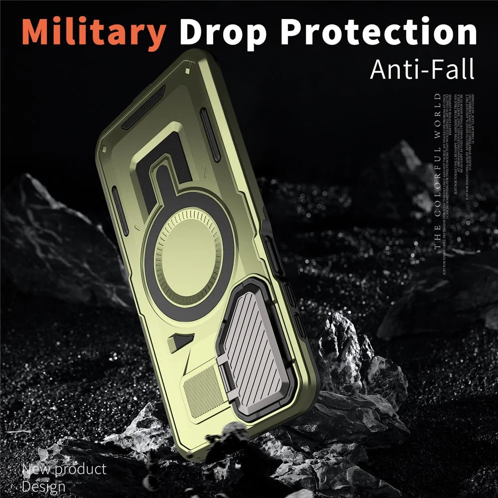 For Samsung Galaxy A16 4G / 5G Magnetic Case Lens Lid Kickstand PC+TPU Back Cover - Olive Green - 4