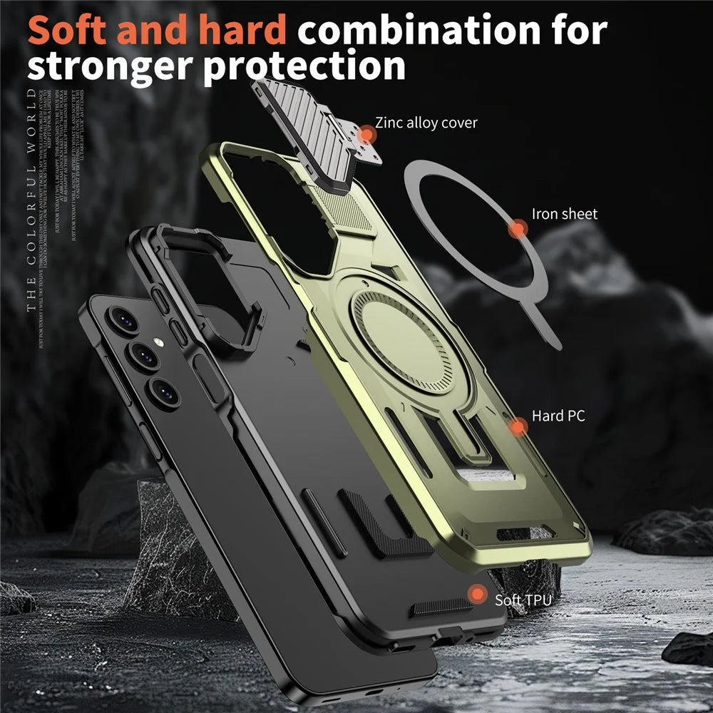 For Samsung Galaxy A16 4G / 5G Magnetic Case Lens Lid Kickstand PC+TPU Back Cover - Olive Green - 5