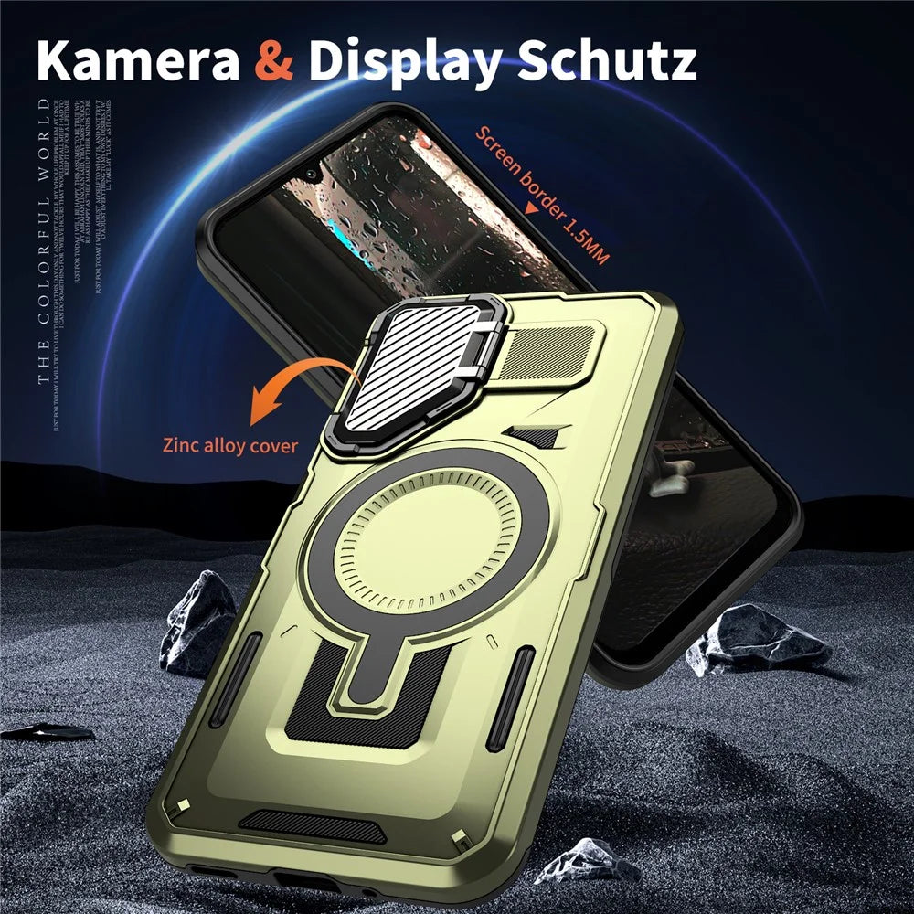For Samsung Galaxy A16 4G / 5G Magnetic Case Lens Lid Kickstand PC+TPU Back Cover - Olive Green - 6