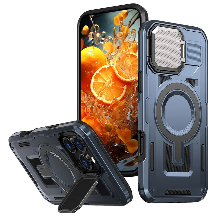 For iPhone 16 Pro Max Case Compatible with MagSafe Lens Lid Kickstand PC+TPU Back Cover - Blue - 1