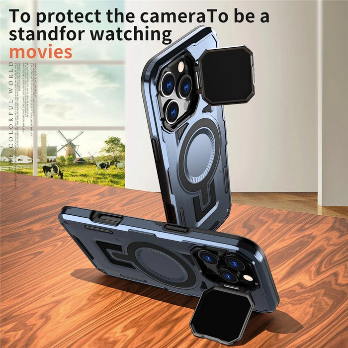 For iPhone 16 Pro Max Case Compatible with MagSafe Lens Lid Kickstand PC+TPU Back Cover - Blue - 2