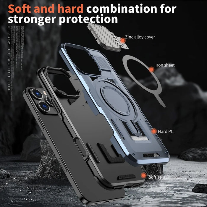 For iPhone 16 Pro Max Case Compatible with MagSafe Lens Lid Kickstand PC+TPU Back Cover - Blue - 5