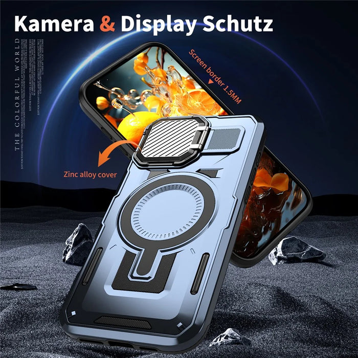 For iPhone 16 Pro Max Case Compatible with MagSafe Lens Lid Kickstand PC+TPU Back Cover - Blue - 6