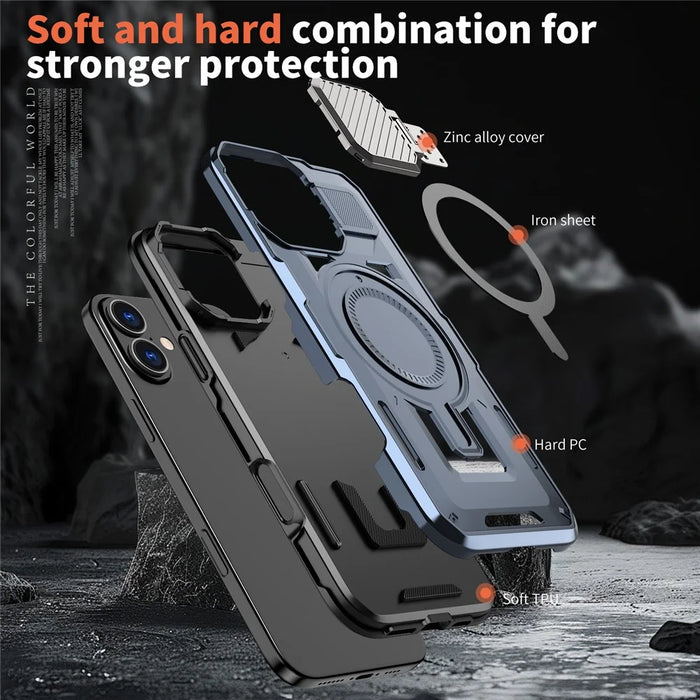 For iPhone 16 Plus Case Compatible with MagSafe Lens Lid Kickstand PC+TPU Back Cover - Blue - 4