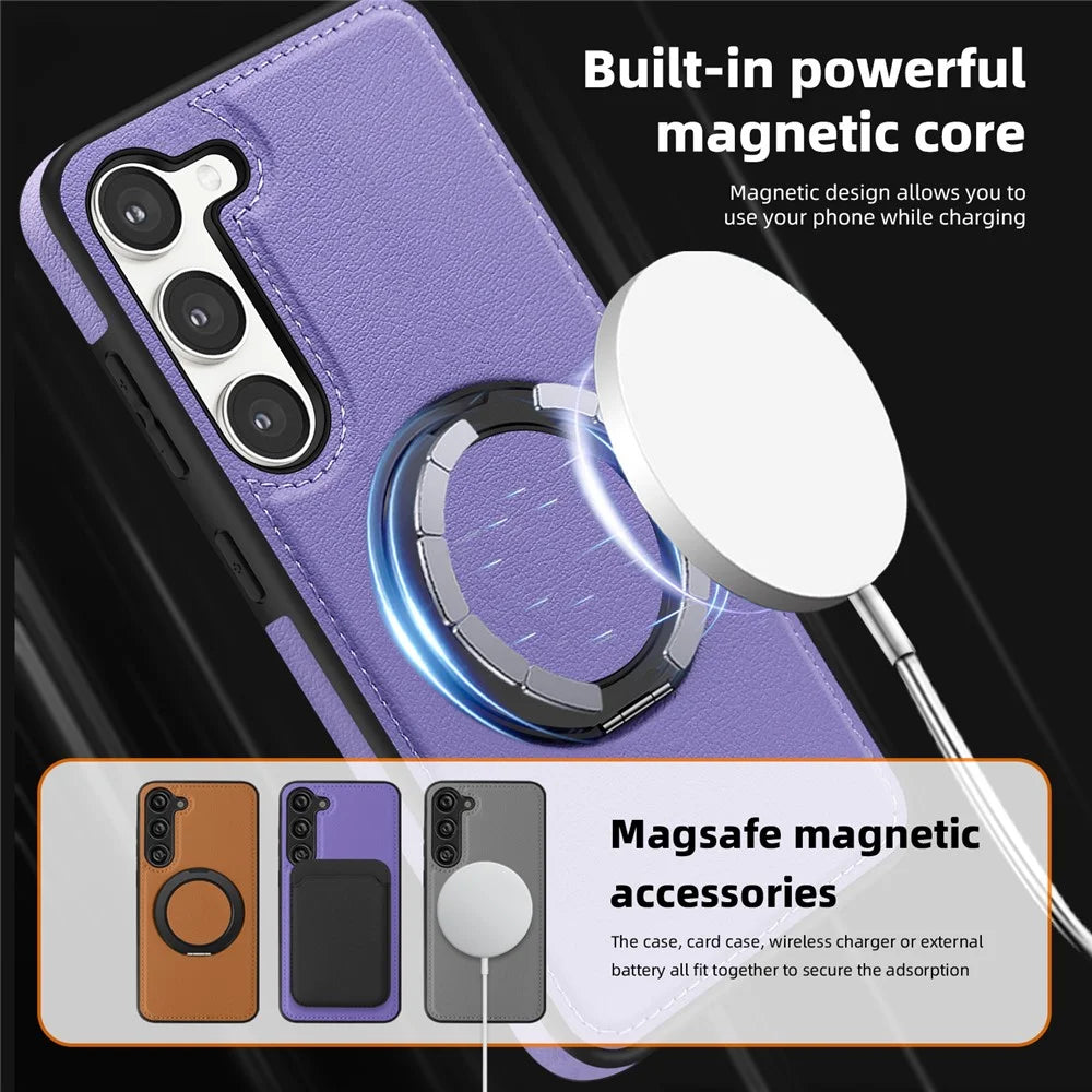 For Samsung Galaxy S23 Case with Ring Kickstand Magnetic Case PU Leather Back Cover - Purple - 5