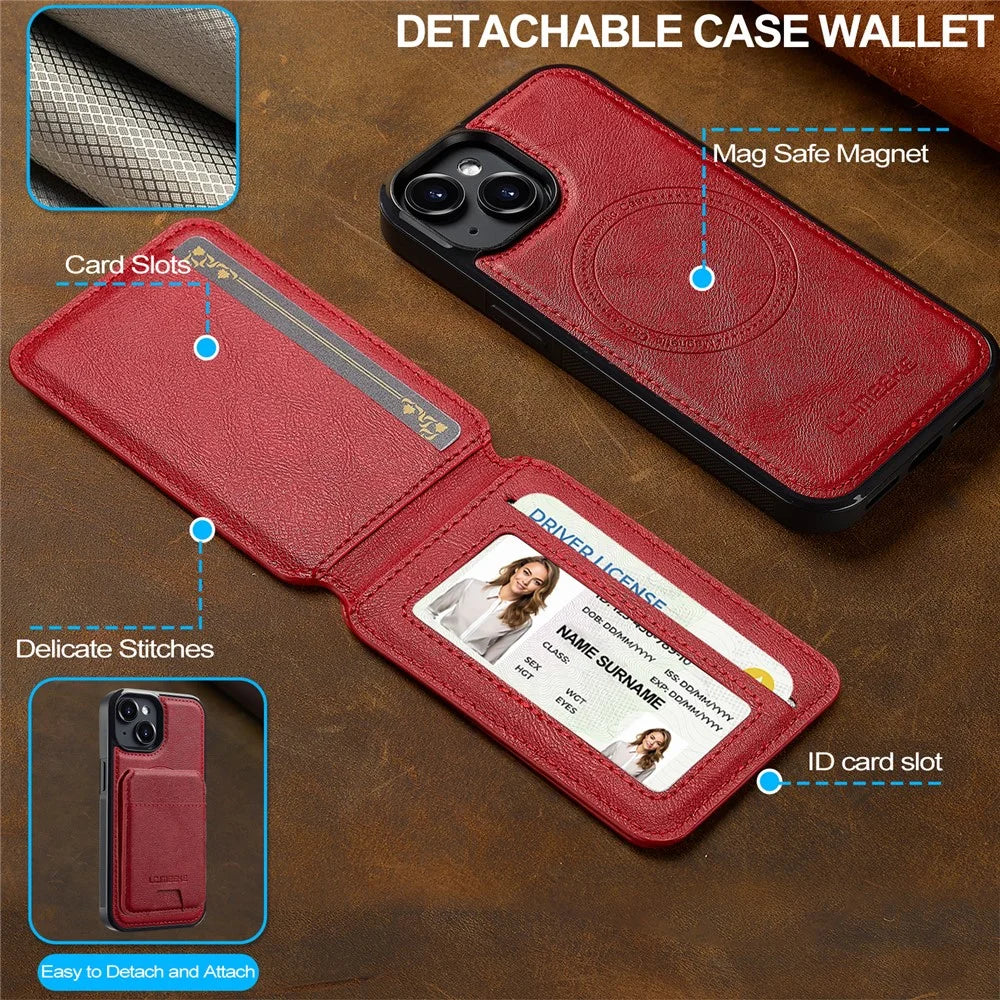 LC.IMEEKE L3 For iPhone 14 Magnetic Case Detachable Card Holder Leather+TPU Mobile Cover - Red - 4