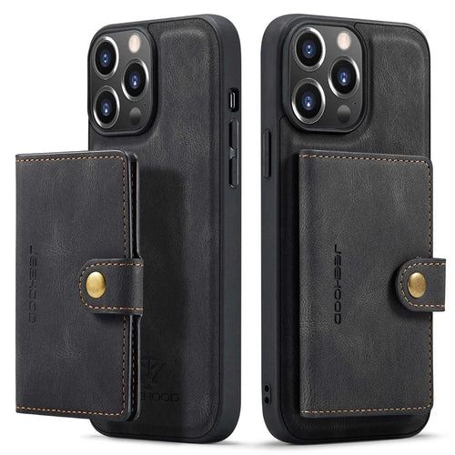JEEHOOD For iPhone 14 Pro Retro Shockproof Case Detachable 2-in-1 Wallet Phone Case Leather Coated Kickstand TPU Cover - Black - 1