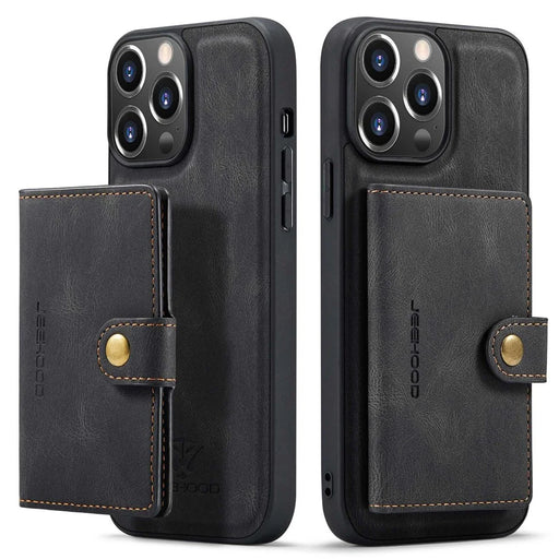 JEEHOOD For iPhone 14 Pro Retro Shockproof Case Detachable 2-in-1 Wallet Phone Case Leather Coated Kickstand TPU Cover - Black - 1
