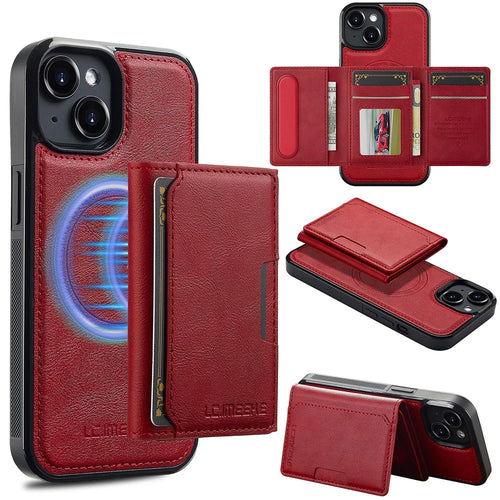LC.IMEEKE L5 For iPhone 14 Magnetic Phone Case Leather Back Cover with Detachable Card Holder - Red - 1