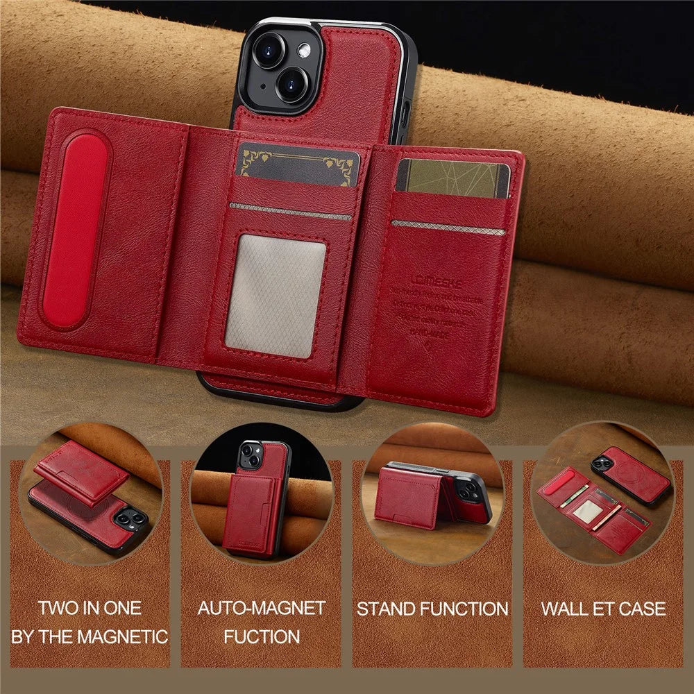 LC.IMEEKE L5 For iPhone 14 Magnetic Phone Case Leather Back Cover with Detachable Card Holder - Red - 2