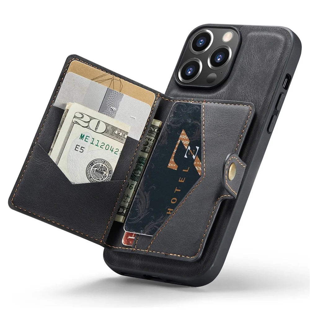 JEEHOOD For iPhone 14 Pro Max Retro Phone Case Leather Coated Shockproof TPU Cover with Detachable Wallet Kickstand - Black - 4