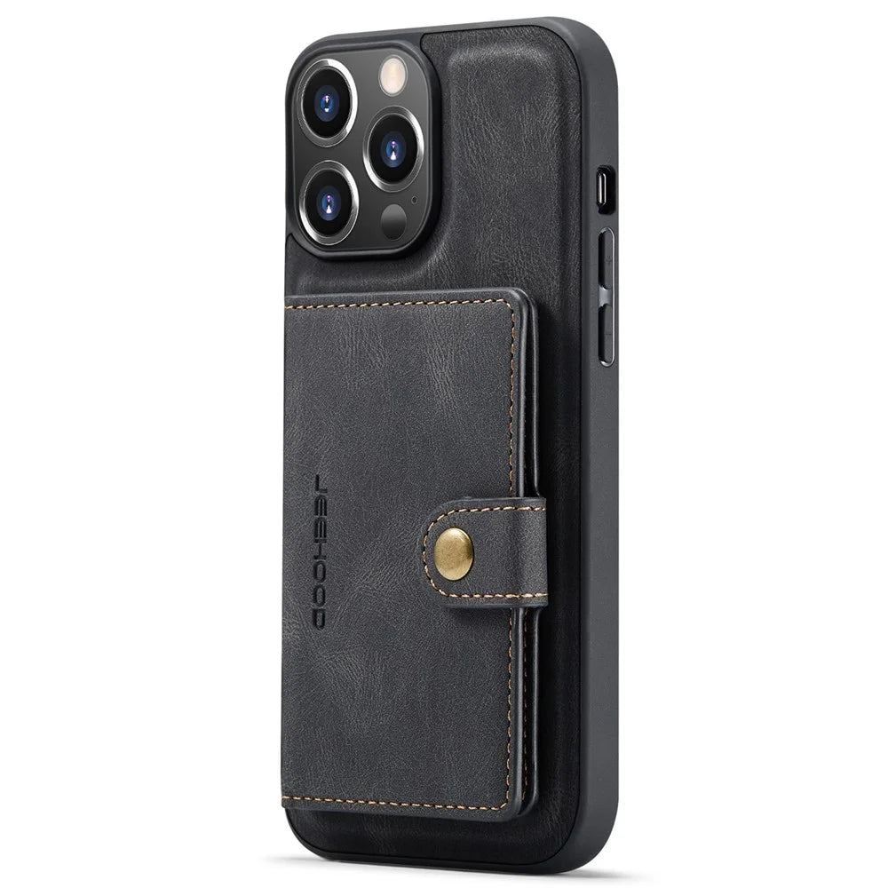 JEEHOOD For iPhone 14 Pro Max Retro Phone Case Leather Coated Shockproof TPU Cover with Detachable Wallet Kickstand - Black - 5