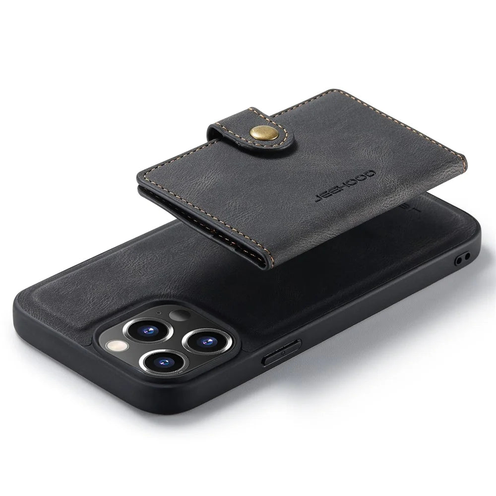 JEEHOOD For iPhone 14 Pro Max Retro Phone Case Leather Coated Shockproof TPU Cover with Detachable Wallet Kickstand - Black - 6