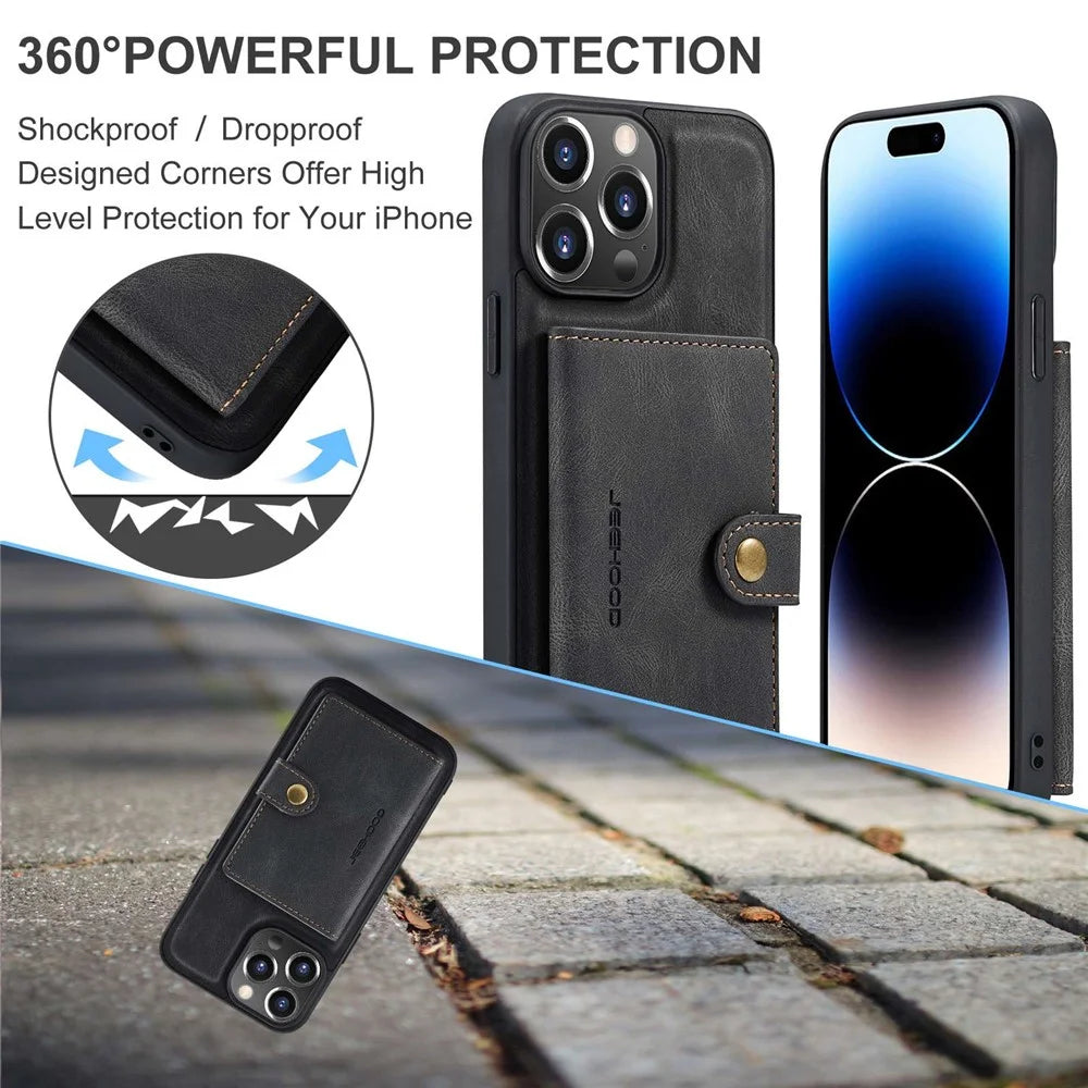 JEEHOOD For iPhone 14 Pro Max Retro Phone Case Leather Coated Shockproof TPU Cover with Detachable Wallet Kickstand - Black - 7