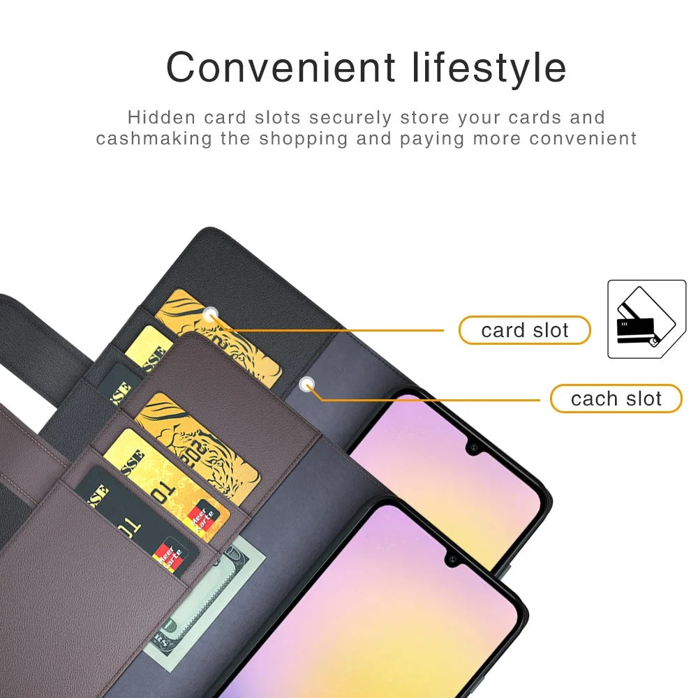 For Samsung Galaxy A26 5G Case Genuine Split Leather Phone Cover with Wallet Stand - Black - 7