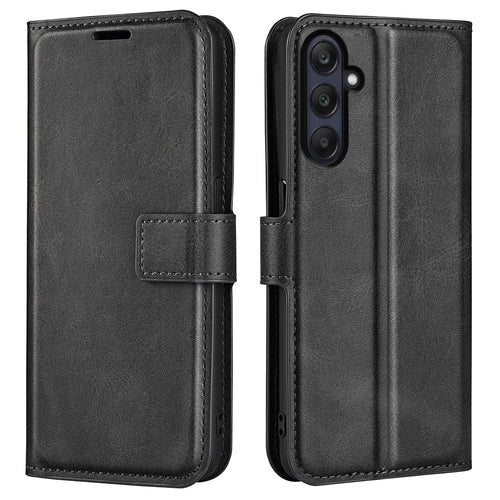 For Samsung Galaxy A26 5G Stand Case Anti-Scratch Calf Texture Leather Phone Cover - Black - 1