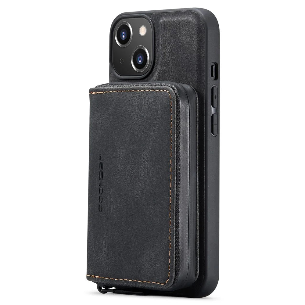 JEEHOOD Zippered Wallet Phone Case for iPhone 14 Shockproof PU Leather Coated TPU Cover Kickstand Detachable Phone Case - Black - 5