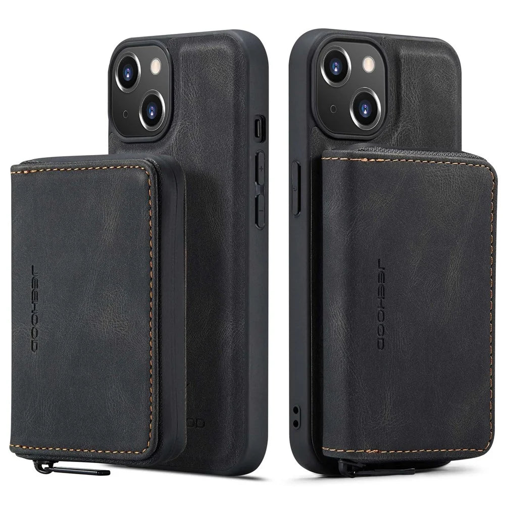 JEEHOOD Shockproof Case for iPhone 14 Plus PU Leather Coated TPU Cover Kickstand Detachable Phone Case with Zippered Wallet - Black - 1