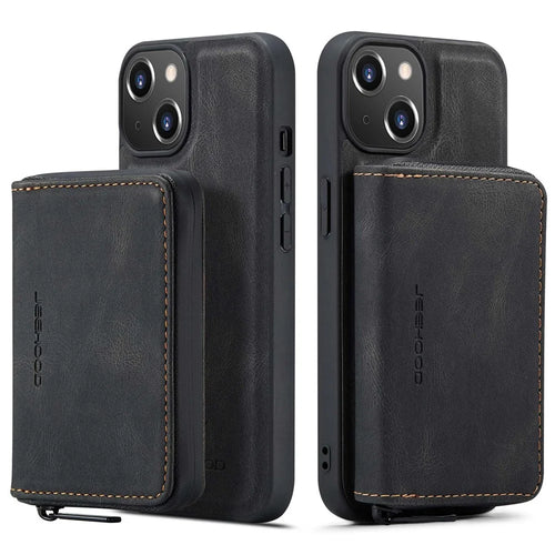 JEEHOOD Shockproof Case for iPhone 14 Plus PU Leather Coated TPU Cover Kickstand Detachable Phone Case with Zippered Wallet - Black - 1
