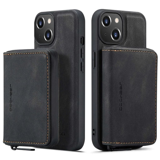 JEEHOOD Shockproof Case for iPhone 14 Plus PU Leather Coated TPU Cover Kickstand Detachable Phone Case with Zippered Wallet - Black - 1