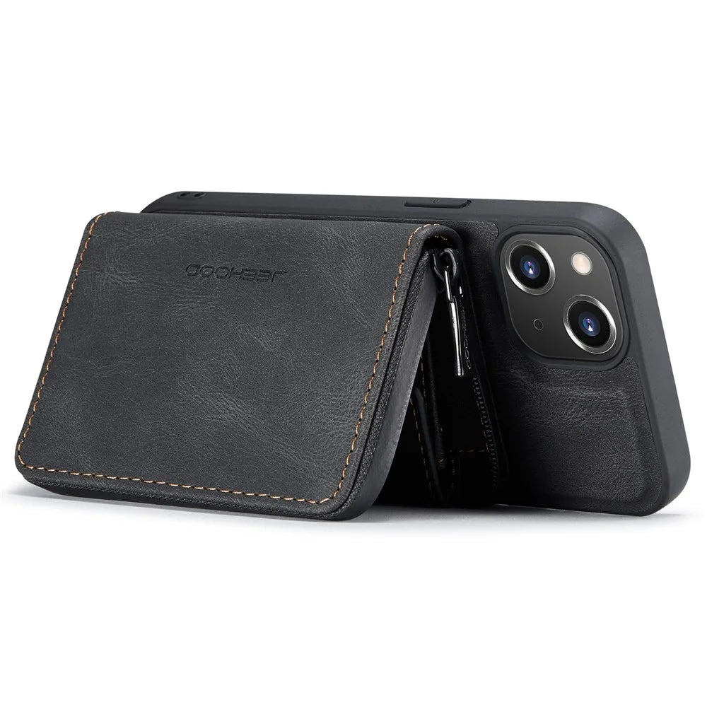 JEEHOOD Shockproof Case for iPhone 14 Plus PU Leather Coated TPU Cover Kickstand Detachable Phone Case with Zippered Wallet - Black - 3