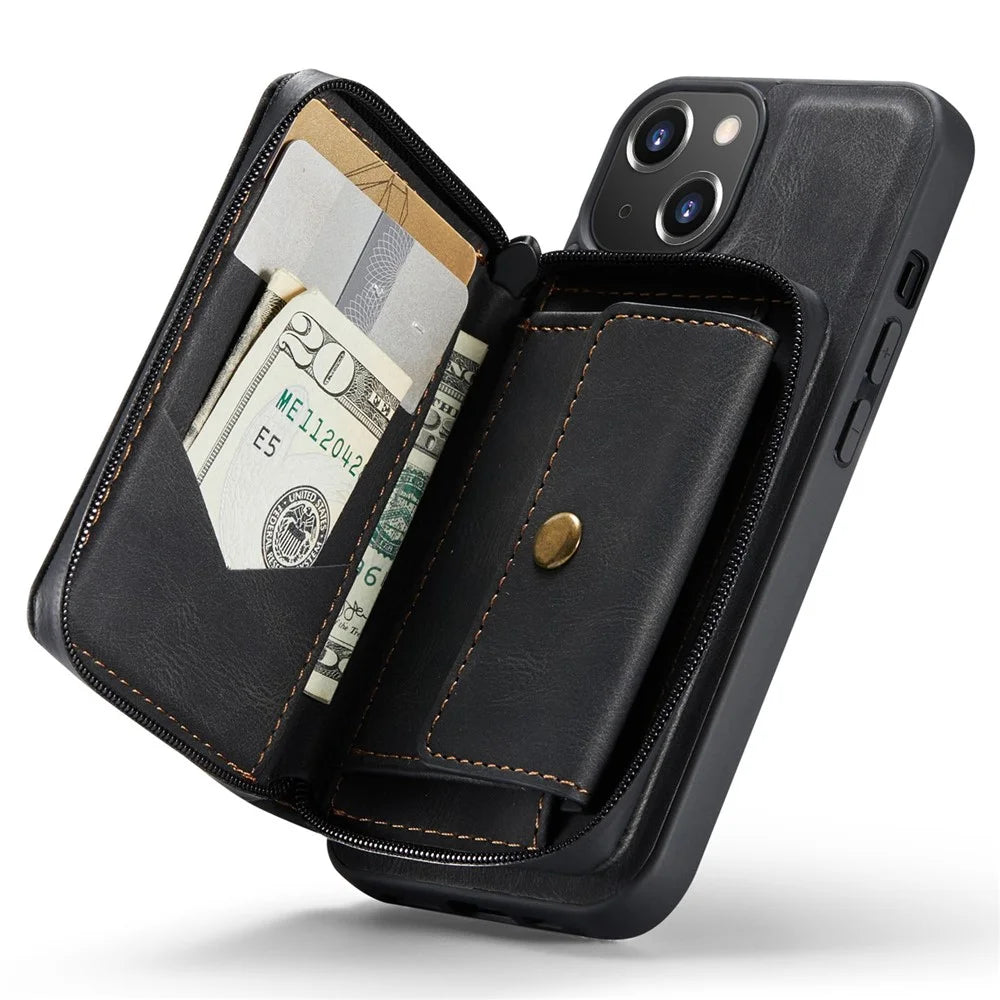 JEEHOOD Shockproof Case for iPhone 14 Plus PU Leather Coated TPU Cover Kickstand Detachable Phone Case with Zippered Wallet - Black - 4