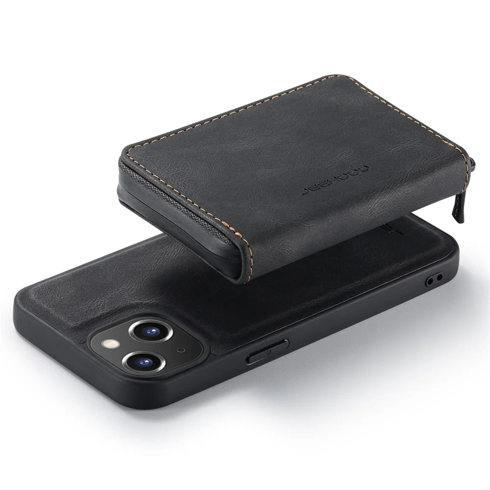 JEEHOOD Shockproof Case for iPhone 14 Plus PU Leather Coated TPU Cover Kickstand Detachable Phone Case with Zippered Wallet - Black - 6