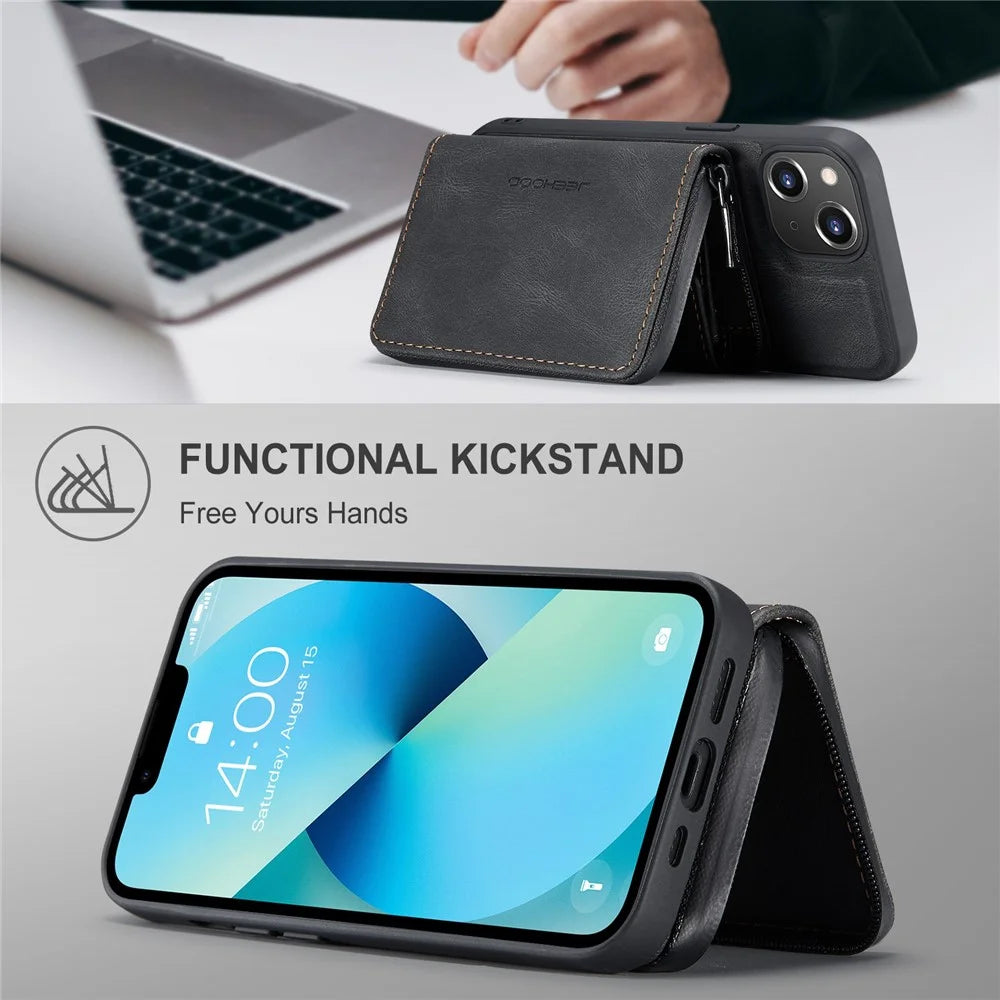 JEEHOOD Shockproof Case for iPhone 14 Plus PU Leather Coated TPU Cover Kickstand Detachable Phone Case with Zippered Wallet - Black - 7