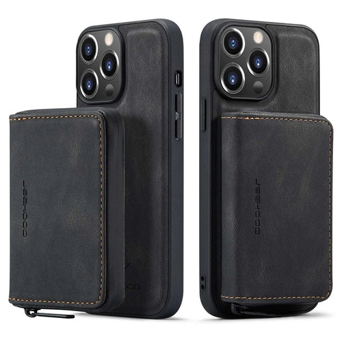 JEEHOOD Phone Case for iPhone 14 Pro Shockproof PU Leather Coated TPU Cover Phone Case with Zippered Wallet Kickstand - Black - 1