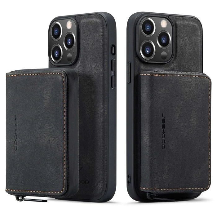 JEEHOOD Phone Case for iPhone 14 Pro Shockproof PU Leather Coated TPU Cover Phone Case with Zippered Wallet Kickstand - Black - 1