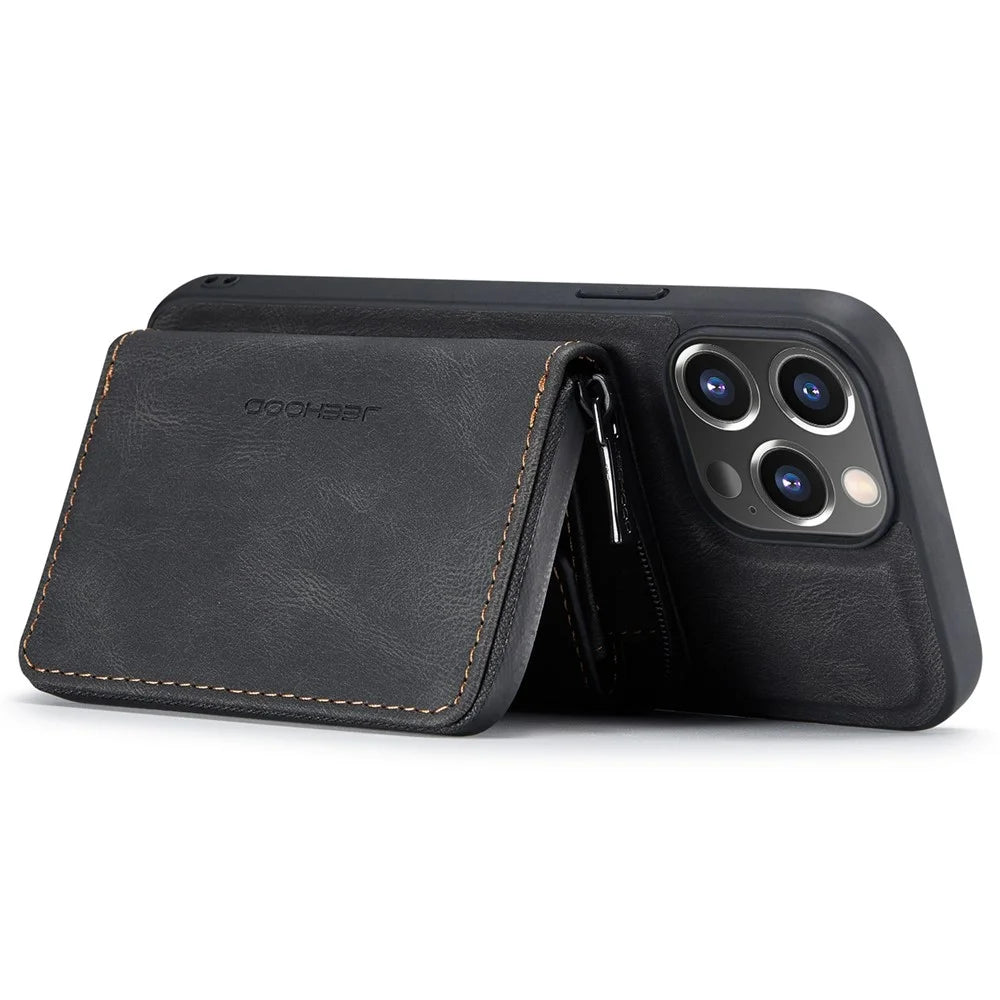 JEEHOOD Phone Case for iPhone 14 Pro Shockproof PU Leather Coated TPU Cover Phone Case with Zippered Wallet Kickstand - Black - 3
