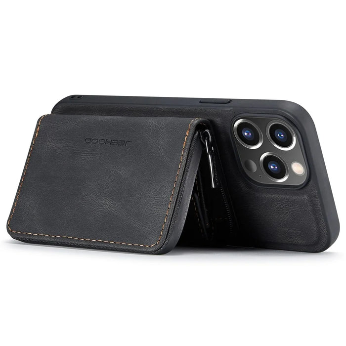 JEEHOOD Phone Case for iPhone 14 Pro Shockproof PU Leather Coated TPU Cover Phone Case with Zippered Wallet Kickstand - Black - 3