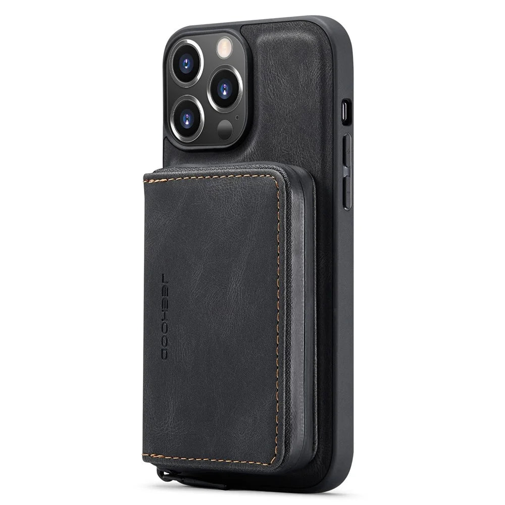 JEEHOOD Phone Case for iPhone 14 Pro Shockproof PU Leather Coated TPU Cover Phone Case with Zippered Wallet Kickstand - Black - 5