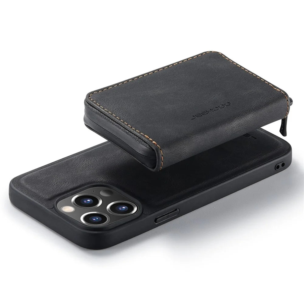 JEEHOOD Phone Case for iPhone 14 Pro Shockproof PU Leather Coated TPU Cover Phone Case with Zippered Wallet Kickstand - Black - 6
