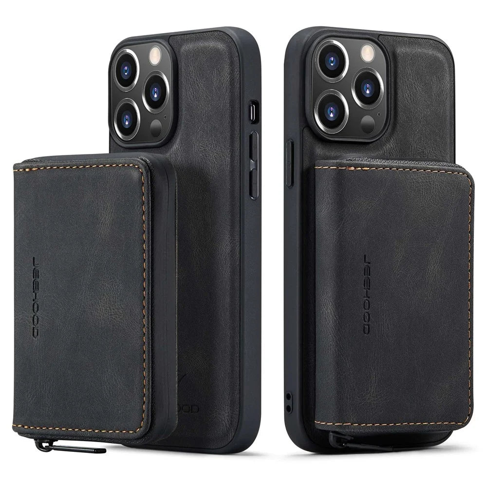 JEEHOOD Shockproof Case for iPhone 14 Pro Max PU Leather Coated TPU Cover Zippered Wallet Kickstand Phone Case - Black - 1