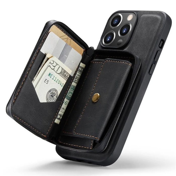 JEEHOOD Shockproof Case for iPhone 14 Pro Max PU Leather Coated TPU Cover Zippered Wallet Kickstand Phone Case - Black - 4