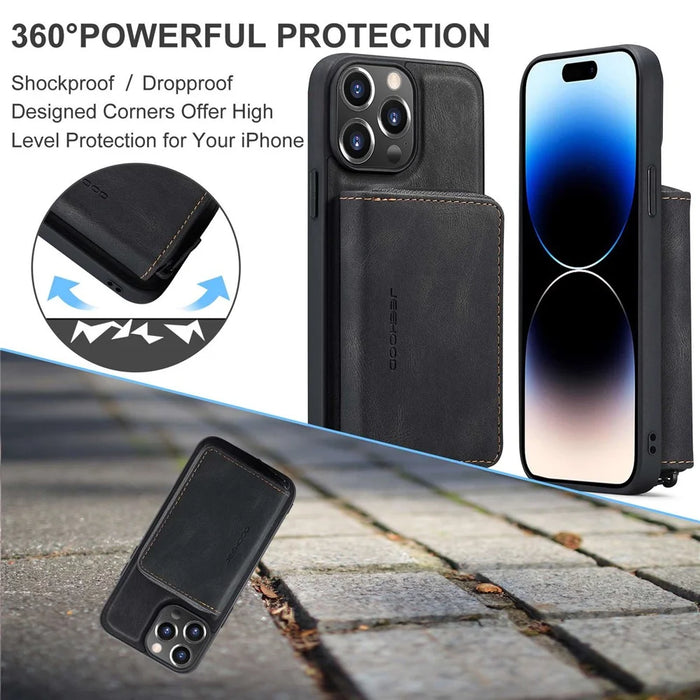 JEEHOOD Shockproof Case for iPhone 14 Pro Max PU Leather Coated TPU Cover Zippered Wallet Kickstand Phone Case - Black - 7