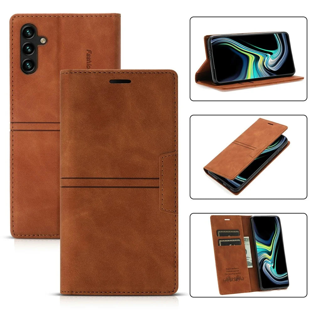 For Samsung Galaxy A56 5G Wallet Case Magnetic Closing Leather Phone Cover - Brown - 6