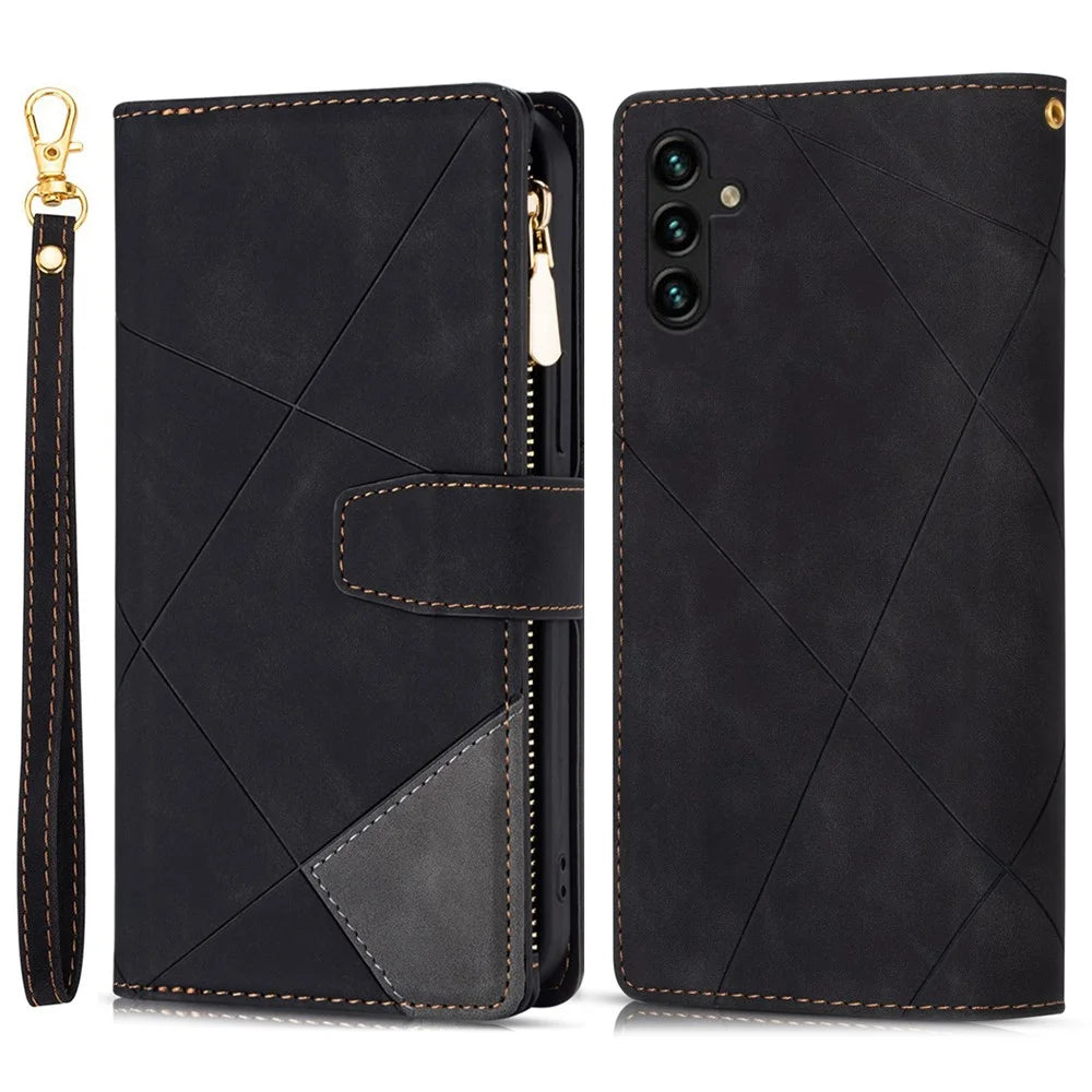 For Samsung Galaxy A56 5G Wallet Case Color Splicing Leather Phone Cover with Stand - Black - 1