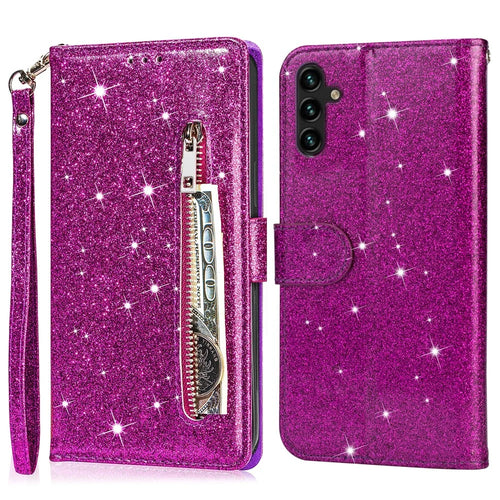 For Samsung Galaxy A26 5G Stand Case Glitter Phone Leather Cover Zipper Pocket - Purple - 1