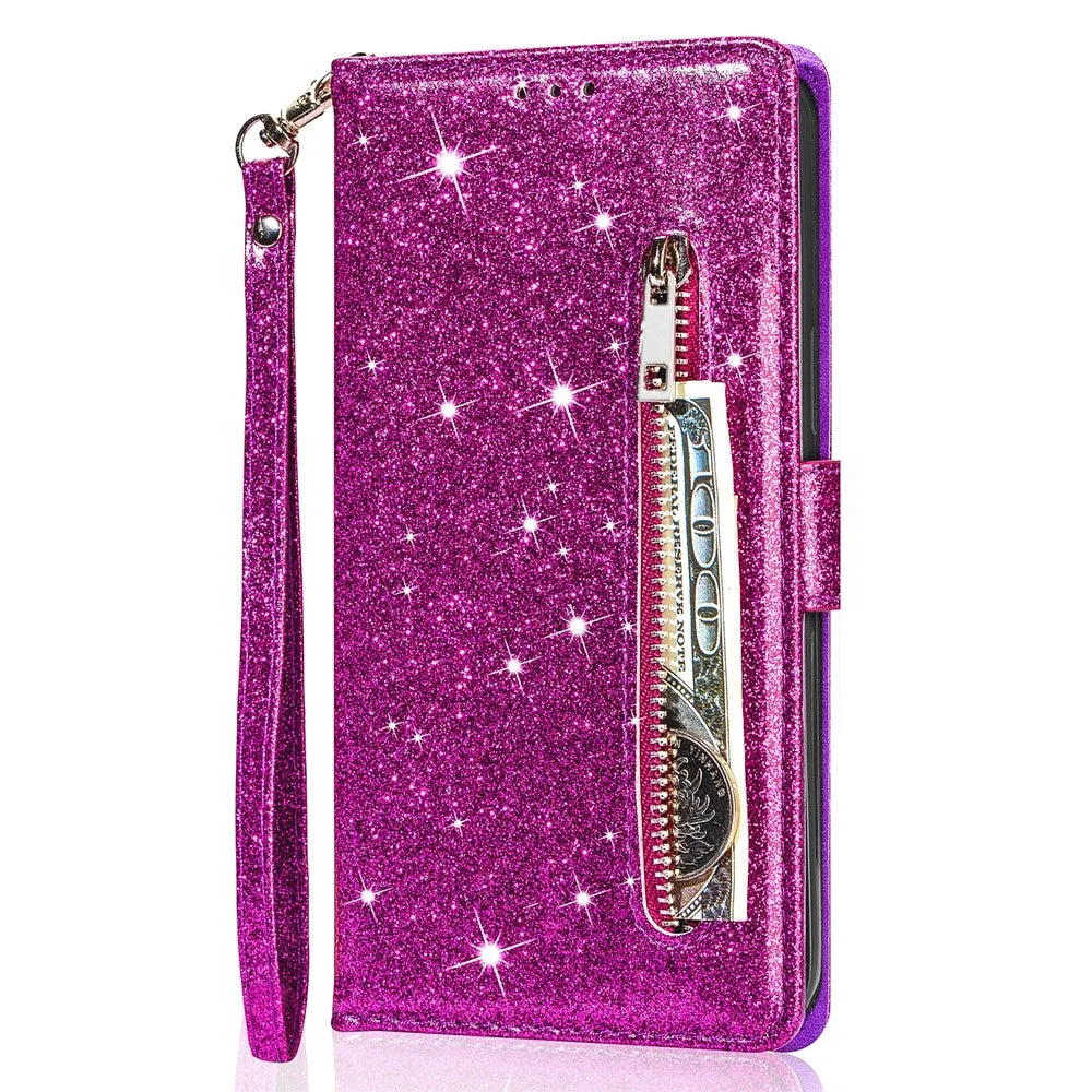 For Samsung Galaxy A26 5G Stand Case Glitter Phone Leather Cover Zipper Pocket - Purple - 4