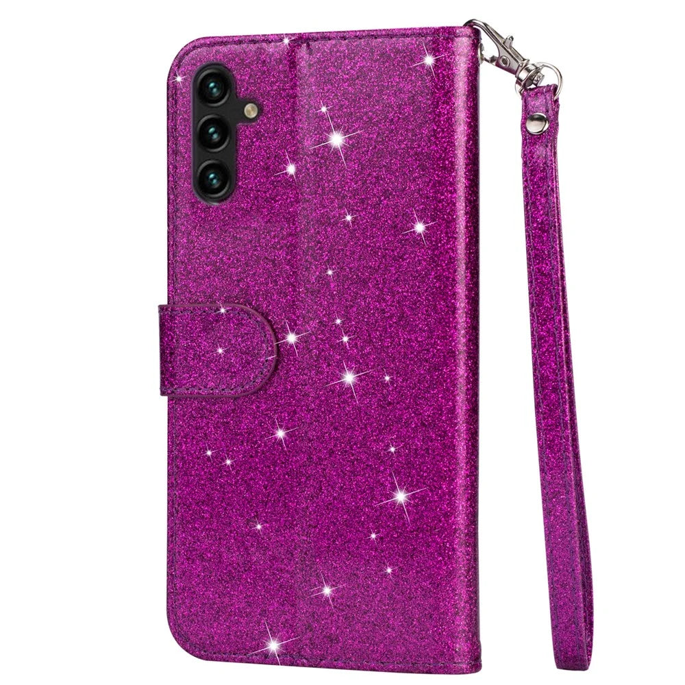 For Samsung Galaxy A26 5G Stand Case Glitter Phone Leather Cover Zipper Pocket - Purple - 5