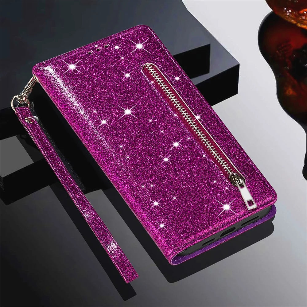For Samsung Galaxy A26 5G Stand Case Glitter Phone Leather Cover Zipper Pocket - Purple - 6