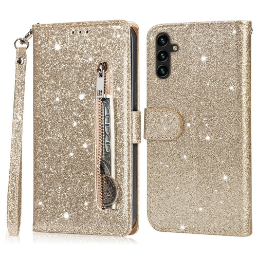 For Samsung Galaxy A36 5G Stand Case Glitter Phone Leather Cover Zipper Pocket - Gold - 1