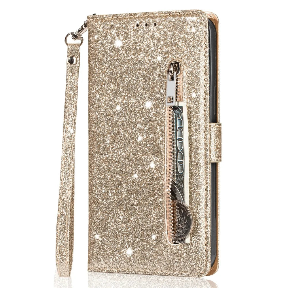 For Samsung Galaxy A36 5G Stand Case Glitter Phone Leather Cover Zipper Pocket - Gold - 4