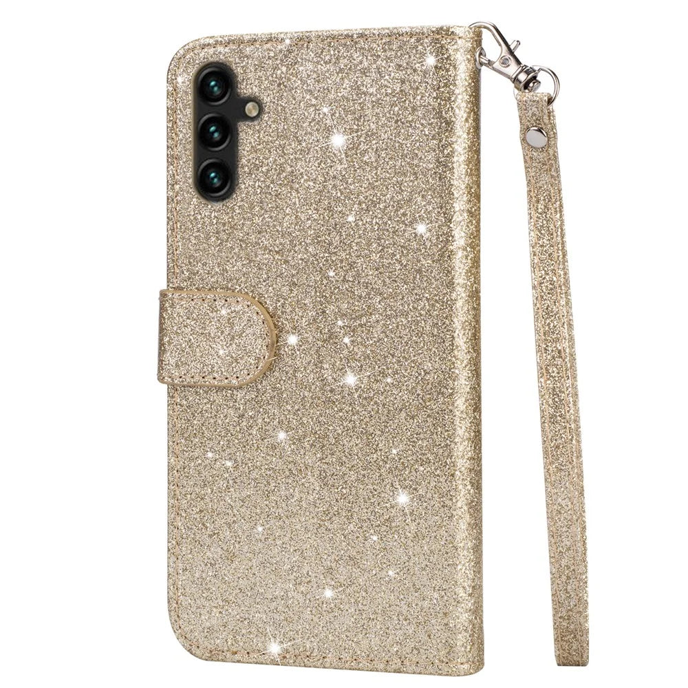 For Samsung Galaxy A36 5G Stand Case Glitter Phone Leather Cover Zipper Pocket - Gold - 5