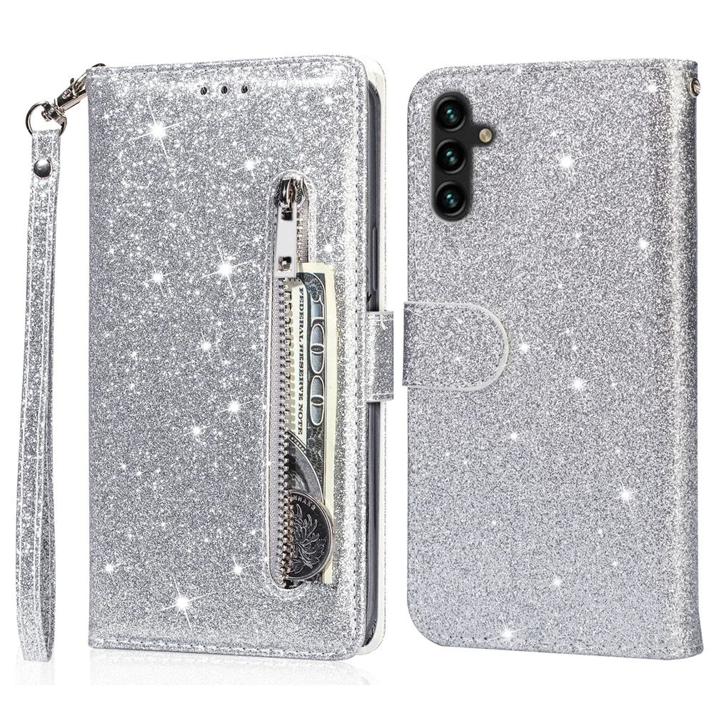 For Samsung Galaxy A56 5G Stand Case Glitter Phone Leather Cover Zipper Pocket - Silver - 1