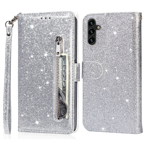 For Samsung Galaxy A56 5G Stand Case Glitter Phone Leather Cover Zipper Pocket - Silver - 1