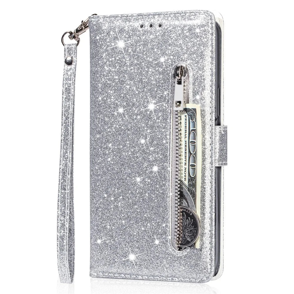 For Samsung Galaxy A56 5G Stand Case Glitter Phone Leather Cover Zipper Pocket - Silver - 4